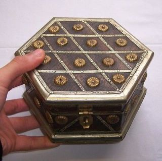Vintage Solid Wood & Brass BOX/CASKET   6 Sided   Probably INDIAN in 
