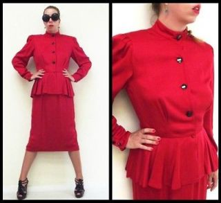 80s Vintage Red Liz Claiborne Button Ruffle Peplum Office Dress sz 10