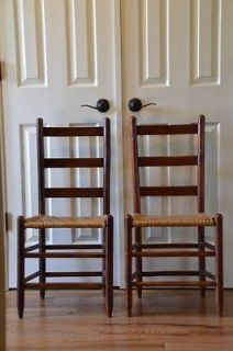 Pair Early Primitive Ladder Back Woven Bottom Chairs
