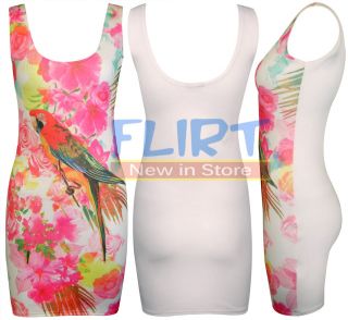 Womens Floral Parrot Bird Print Bodycon Vest Top Long Strappy Stretch 