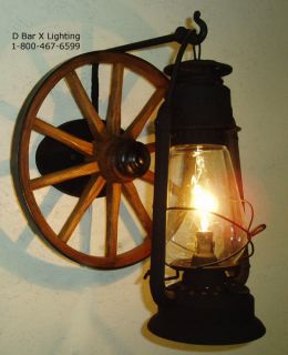   Lantern Wall Sconce with Real Wooden Wagon Wheel   hornsaplentydbarx
