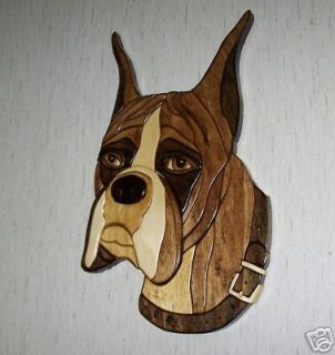 Boxer dog wood carving intarsia wall hanging art