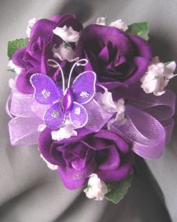 Small PIN ON corsage Purple silk sweetheart roses Purple Butterfly 