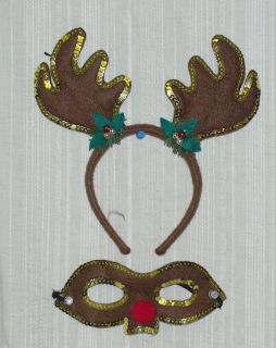 Christmas Brown Reindeer Antler Headband with Mask~Sequin Trim~New 