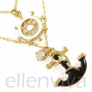 Cute Boat Anchor Steering Wheel Sailing Necklace Black White Gold Tone 