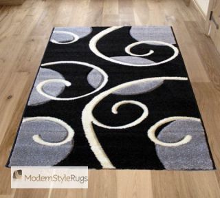 Black Grey White Swirly Circles Pattern Rug In Large Small and Runner 