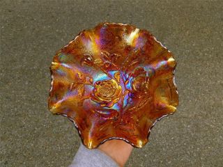 ELECTRIC HONEY! OLD IMPERIAL AMBER OPEN ROSE CARNIVAL GLASS BOWL 
