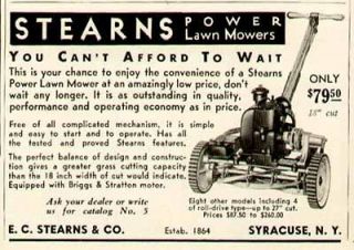 1938 Syracuse, NY advertisement for E C Stearns Power Lawn Mowers
