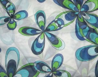Silk/Cotton Voile Fabric BLUE & GREEN RETRO FLOWERS 1/3 yard remnant