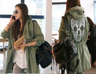 PUNK New Trench Big Skull on Back Military Army Green Hooded Jacket 