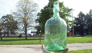 HUGE 13 CRUDE BLOWN CARBOY LIQUOR BOTTLE LT GREEN BUBBLY GLASS DRIPPY 