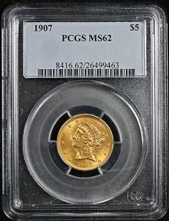 1907 LIBERTY HEAD HALF EAGLE GOLD $5 MS 62 PCGS