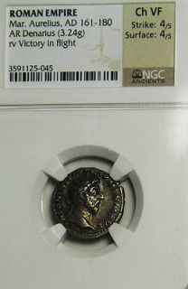 Marcus Aurelius as Augustus AR Denarius 161 180 AD NGC CH VF Victory 