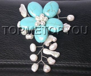 stylish 2.5X3 baroque Flower turquoise white lute tooth pearls Brooch 