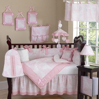   FRENCH PINK WHITE TOILE DISCOUNT 9pc BABY GIRL CRIB BEDDING SET
