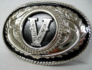 Initial Letter V Belt Buckle Western Oval Silver Tone Made in the 