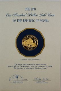 1978 Panama 100 Balboas Proof Gold Coin, Peace & Progress, Plastic 