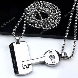 2x Couple Stainless Steel Crystal Lock Key Pendant Necklace Ball Chain