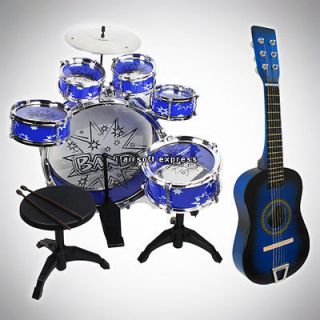   11pcs Drum Set & Acoustic Guitar Combo Toy Play Set Musical Instrument