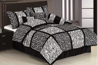 7pcs Black Zebra MicroFur Giraffe Patchwork Comforter Set Bed in a bag 