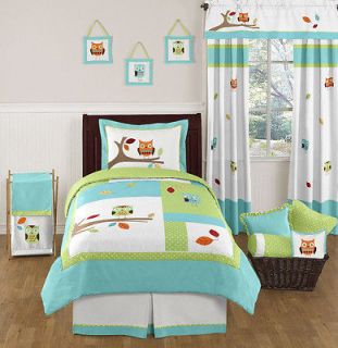   TURQUOISE LIME GREEN AND WHITE OWL FOREST TWIN BOY GIRL KID BEDDING