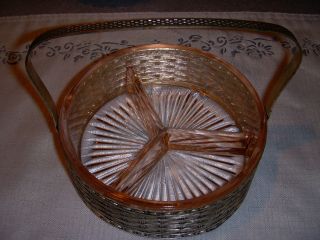   Glass Divided Candy Nut Dish With Silver Colored Basket Holder