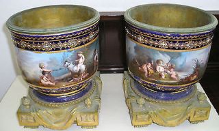 antique pair of Sevres hand painted pots with gilt bronze ormolu ca 
