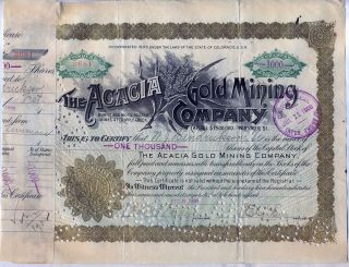 Acacia Gold Mining Company Stock Certificate Cripple Creek