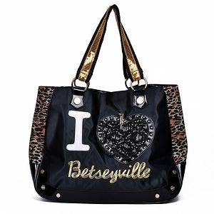 Betsey Johnson Specially made black cotton canvas leopard shoulder bag 