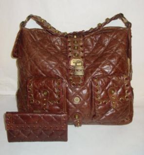 LARGE BETSEY JOHNSON BROWN QUILTED LEATHER LOCK KEY HANDBAG PURSE BAG 