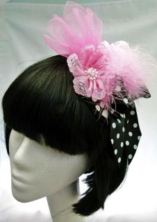   Head Band Hair Bow Black White Pink Rose Pearl Marabou Polka Dot OOAK