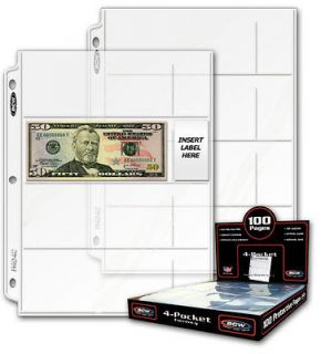   BCW Pro 4 Pocket Small Dollar Bill Currency Album Pages binder sheets