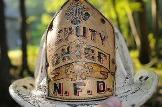 Antqiue Leather Firemans Helmet Deputy Chief N.F.D. made by Cairns New 