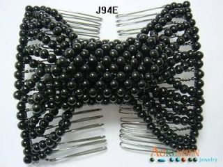  Women Fashion Hair Comb Easy Stretchy Double Clip Black Beaded J94E