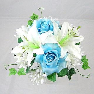 New Artificial Wedding Silk Flower Sky Blue Rose & Lily Bouquet
