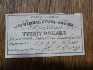 Confederate CSA Bond Coupon $20 Interest on $$500 Loan Obsolete War 