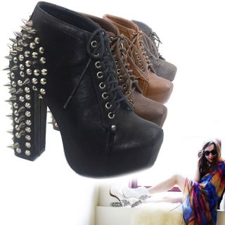   Star Spike Lace Up Ankle Booties Chunky Platform High Heel Shoes