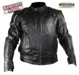BLACK ARMORED VENTED 2XL LEATHER MOTORCYCLE JACKET REFLECTIVE STRIPE 