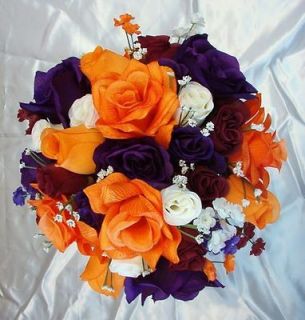 21pc Silk Wedding Flowers Bridal Round Bouquet Roses Purple Orange
