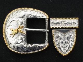Gold & Silver Toned Belt Buckle With Belt Tip Cover & Belt Holder Bar
