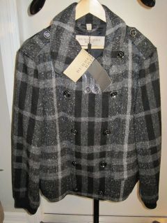 Burberry Brit Grey Melange Check Plaid Wool Double Breasted Peacoat 