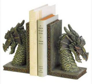Two (2) fierce green dragon bookends, dragons book ends
