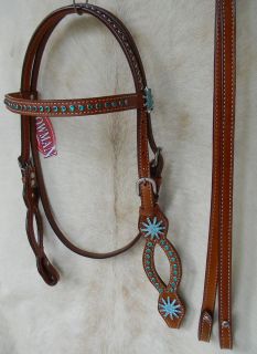 Leather Western Show Bridle Turquoise Color Rhinestones Includes Reins 