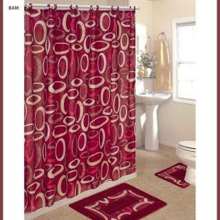 BURGUNDY BATH SET: 2 Bath Mat/Rugs+Fabri​c Shower Curtain+Fabric 