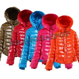 Glossy Puffer Hoodie Jacket Women Short Zip Up Pad Coat Winter 