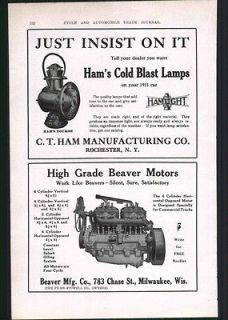1911 AD Auto Car Hams Cold Blast Lamps Lanterns Beaver Motors