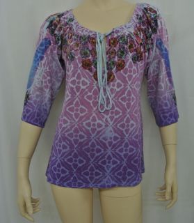 Butterfly Dropout Purple & Blue Top Shirt Gathered Tie Keyhole 