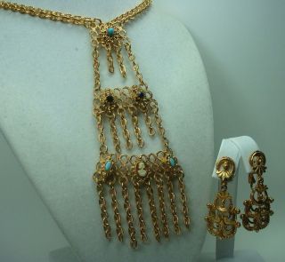   Etruscan Revival Cameo Necklace Earrings Jewelry Set Gold Tone