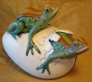   Signed Pottery Sculpture Hatching Egg w Frogs: Sergio Bustamante Style