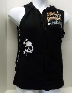 New L black sleeveless hoodie skull graphic zippered vest open side 
